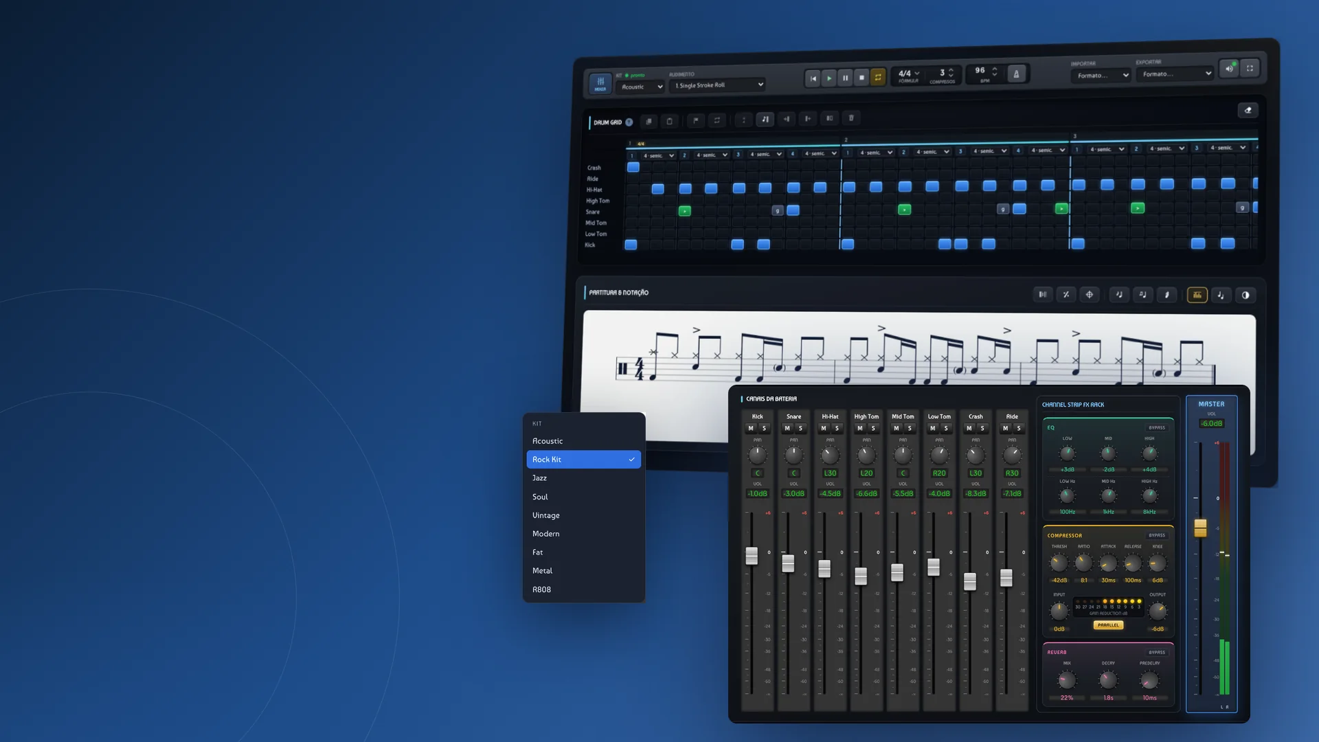 Editor de partituras batera.pro com o grid da bateria, a partitura, o mixer completo e a lista de kits